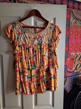 Floral Yellow Layered Peasant Blouse with Lace Yoke